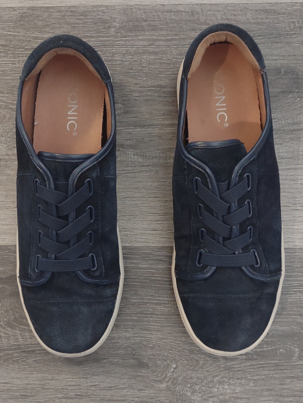 Vionic Jean Suede Navy Blue Elastic Shoes Lace Slip On Sneakers 8.5
